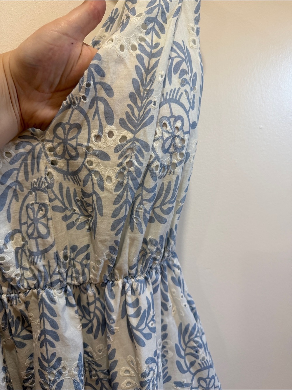 Luisa Perla Blue Floral V-Neck Midi Dress with ElasticWaist Eyelet Made in Italy - Picture 2 of 11